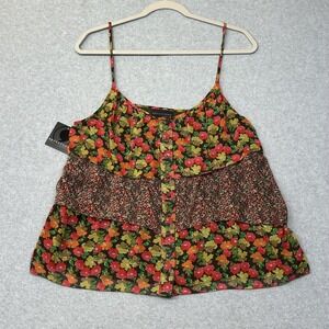 Apostrophe Camisole Womens Large‎ Brown Red Floral Tiered Button Front Lined